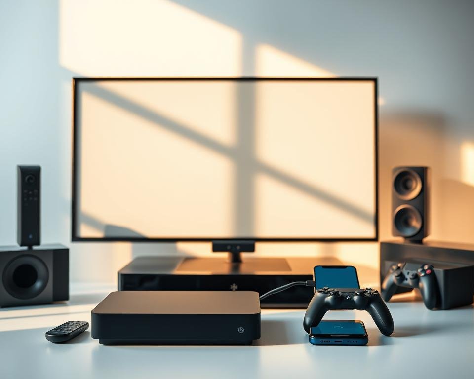 A well-lit, high-quality image showcasing an assortment of IPTV-compatible devices, including a smart TV, a streaming box, a gaming console, and a smartphone. The devices are arranged in a visually appealing layout, with clean backgrounds and crisp shadows to highlight their features. The overall composition conveys a sense of technology, connectivity, and the versatility of IPTV services. The lighting is natural and warm, creating a inviting atmosphere. The image should have a slightly futuristic and premium feel, reflecting the advanced nature of the IPTV technology.