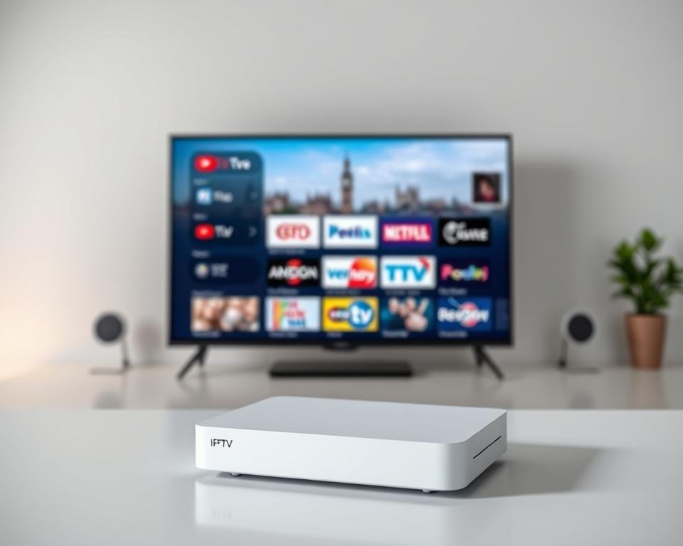 A well-lit, high-quality studio image showcasing a reliable IPTV UK service. In the foreground, a modern, sleek IPTV device sits prominently, its clean lines and minimalist design conveying a sense of professionalism and dependability. In the middle ground, a vivid display shows a selection of popular UK channels, their logos and program information clearly visible. The background features a subtly blurred cityscape, hinting at the wide range of content available through the IPTV service. The overall tone is one of trustworthiness, efficiency, and a premium user experience, reflecting the "pros" of the recommended IPTV offering. A well-lit, high-quality studio image showcasing a reliable IPTV UK service. In the foreground, a modern, sleek IPTV device sits prominently, its clean lines and minimalist design conveying a sense of professionalism and dependability. In the middle ground, a vivid display shows a selection of popular UK channels, their logos and program information clearly visible. The background features a subtly blurred cityscape, hinting at the wide range of content available through the IPTV service. The overall tone is one of trustworthiness, efficiency, and a premium user experience, reflecting the "pros" of the recommended IPTV offering.