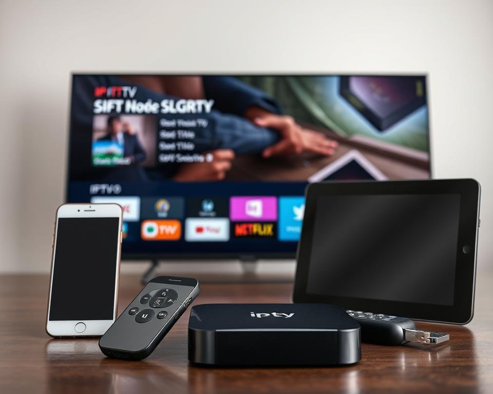 A well-lit, high-resolution image showcasing an assortment of IPTV-compatible devices, including a smart TV, streaming box, smartphone, and tablet, arranged in a dynamic, visually appealing composition. The devices are displayed prominently, with clean, modern styling and minimal background distractions, emphasizing their compatibility and suitability for an IPTV setup. The lighting is soft and even, highlighting the sleek, high-tech design of the gadgets. The overall mood is one of technological sophistication and seamless integration, reflecting the versatility and accessibility of IPTV in the modern connected home. A well-lit, high-resolution image showcasing an assortment of IPTV-compatible devices, including a smart TV, streaming box, smartphone, and tablet, arranged in a dynamic, visually appealing composition. The devices are displayed prominently, with clean, modern styling and minimal background distractions, emphasizing their compatibility and suitability for an IPTV setup. The lighting is soft and even, highlighting the sleek, high-tech design of the gadgets. The overall mood is one of technological sophistication and seamless integration, reflecting the versatility and accessibility of IPTV in the modern connected home.