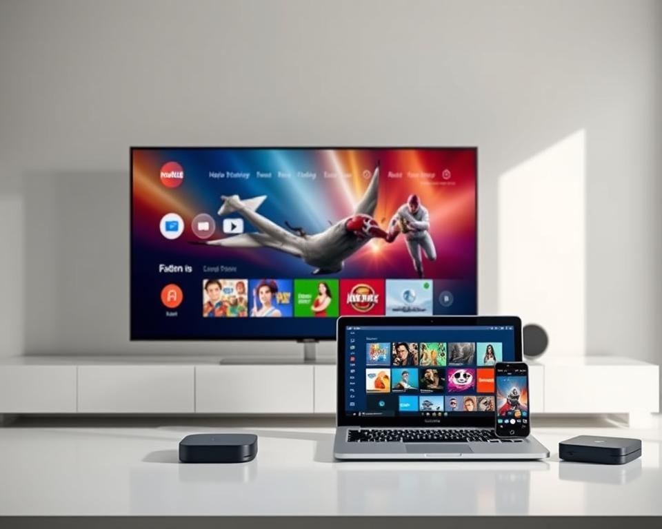 A well-lit, high-resolution setup showcasing the versatility of Xtreme HD IPTV on various devices. In the foreground, a sleek smart TV displaying the IPTV interface, its vibrant colors and crisp visuals capturing the viewer's attention. In the middle ground, a modern laptop and a tablet, both seamlessly integrated with the IPTV service, offering a range of content and user-friendly controls. In the background, a smartphone and a streaming box, further demonstrating the comprehensive compatibility of the Xtreme HD IPTV solution across a diverse array of devices. The scene radiates a sense of technological sophistication and convenience, inviting the viewer to envision the effortless transition of their home entertainment experience. A well-lit, high-resolution setup showcasing the versatility of Xtreme HD IPTV on various devices. In the foreground, a sleek smart TV displaying the IPTV interface, its vibrant colors and crisp visuals capturing the viewer's attention. In the middle ground, a modern laptop and a tablet, both seamlessly integrated with the IPTV service, offering a range of content and user-friendly controls. In the background, a smartphone and a streaming box, further demonstrating the comprehensive compatibility of the Xtreme HD IPTV solution across a diverse array of devices. The scene radiates a sense of technological sophistication and convenience, inviting the viewer to envision the effortless transition of their home entertainment experience.