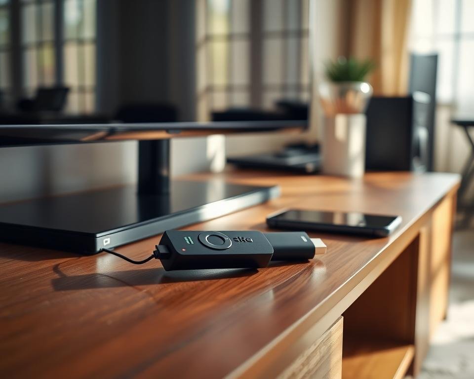 A well-lit home entertainment setup with a Firestick IPTV device prominently displayed on a modern TV stand. The Firestick's sleek black exterior is contrasted against the warm wooden tones of the stand. Nearby, a remote control and a mobile device are arranged, showcasing the seamless integration of the IPTV technology. The scene is bathed in a soft, natural light, creating a cozy and inviting atmosphere. In the background, subtle hints of a living room or home office environment can be seen, suggesting a comfortable and practical setting for the IPTV setup.