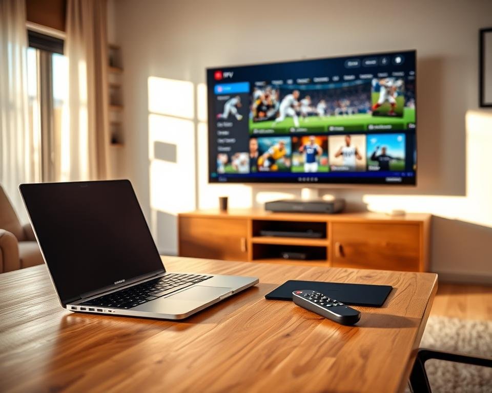 A well-lit modern home office setup with a laptop, tablet, and remote control prominently displayed on a tidy wooden desk. In the background, a large television screen showcases the IPTV interface with sports channels and content. The room is bathed in warm, natural lighting, creating a cozy and inviting atmosphere for a sports viewing experience. The overall composition suggests a streamlined and effortless process for setting up and accessing the best IPTV sports content in the UK.