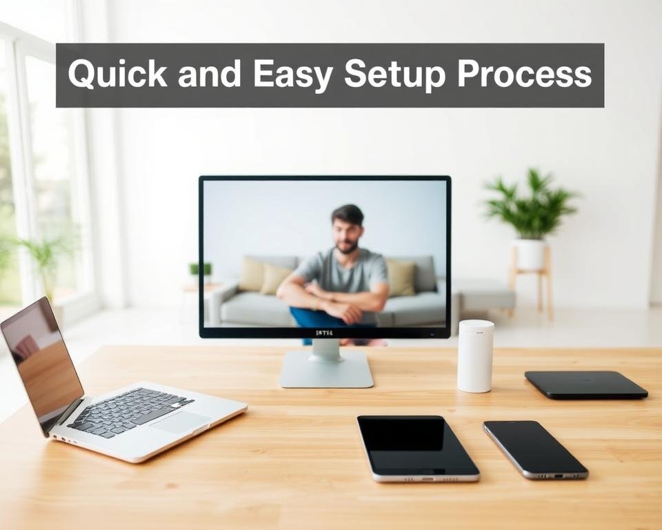 A well-lit, modern home office setup with a laptop, tablet, and smartphone arranged neatly on a minimalist wooden desk. In the middle ground, a person sits comfortably, intently focused on the screen, illustrating the simple IPTV setup process. The background features a clean, airy space with large windows allowing natural light to flood the room, creating a serene, productive atmosphere. The image conveys a sense of efficiency, technology, and ease of use, perfectly capturing the "Quick and Easy Setup Process" for the IPTV service. A well-lit, modern home office setup with a laptop, tablet, and smartphone arranged neatly on a minimalist wooden desk. In the middle ground, a person sits comfortably, intently focused on the screen, illustrating the simple IPTV setup process. The background features a clean, airy space with large windows allowing natural light to flood the room, creating a serene, productive atmosphere. The image conveys a sense of efficiency, technology, and ease of use, perfectly capturing the "Quick and Easy Setup Process" for the IPTV service.