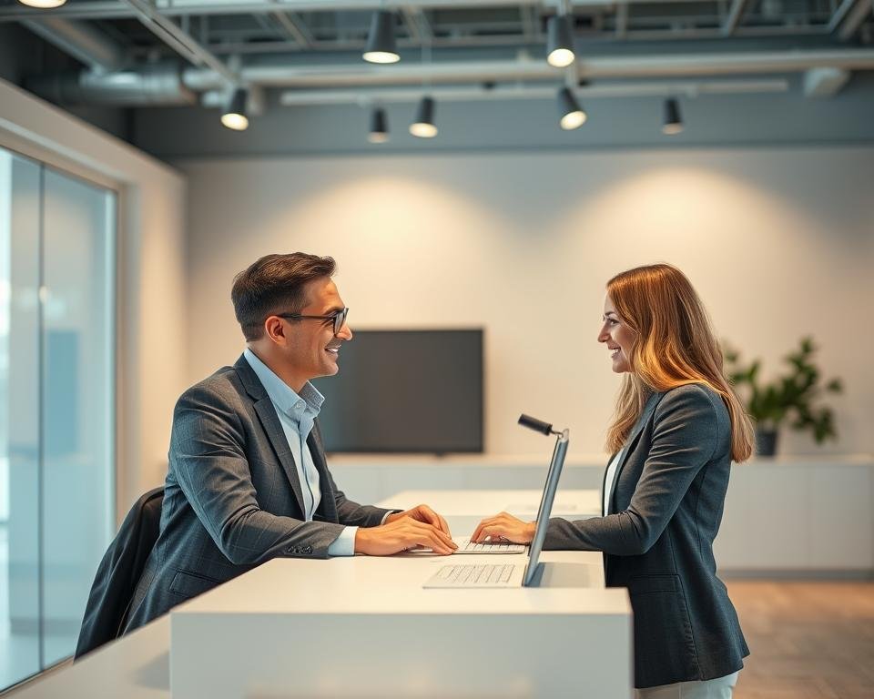 A well-lit, modern office interior with a customer service desk and a friendly agent assisting a customer. The agent has a professional but approachable demeanor, dressed in business casual attire. The customer appears satisfied, engaged in a constructive conversation. The background features a clean, minimalist design with neutral colors and subtle textures, creating a calming and efficient atmosphere. The lighting is soft and diffused, with a warm tone that enhances the overall welcoming ambiance. The composition emphasizes the connection between the agent and the customer, conveying a sense of attentive, personalized support. A well-lit, modern office interior with a customer service desk and a friendly agent assisting a customer. The agent has a professional but approachable demeanor, dressed in business casual attire. The customer appears satisfied, engaged in a constructive conversation. The background features a clean, minimalist design with neutral colors and subtle textures, creating a calming and efficient atmosphere. The lighting is soft and diffused, with a warm tone that enhances the overall welcoming ambiance. The composition emphasizes the connection between the agent and the customer, conveying a sense of attentive, personalized support.