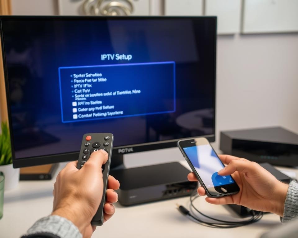 A well-lit office setting with a computer monitor displaying an IPTV setup interface. In the foreground, hands interacting with a remote control and a smartphone, navigating the setup process. In the middle ground, various devices like a router, IPTV box, and cables are neatly arranged on a desk, suggesting a thoughtful and organized workspace. The background features a minimalist wall decor, creating a calm and professional ambiance. The overall scene conveys a sense of smooth and intuitive IPTV setup, ready to elevate the user's television experience. A well-lit office setting with a computer monitor displaying an IPTV setup interface. In the foreground, hands interacting with a remote control and a smartphone, navigating the setup process. In the middle ground, various devices like a router, IPTV box, and cables are neatly arranged on a desk, suggesting a thoughtful and organized workspace. The background features a minimalist wall decor, creating a calm and professional ambiance. The overall scene conveys a sense of smooth and intuitive IPTV setup, ready to elevate the user's television experience.