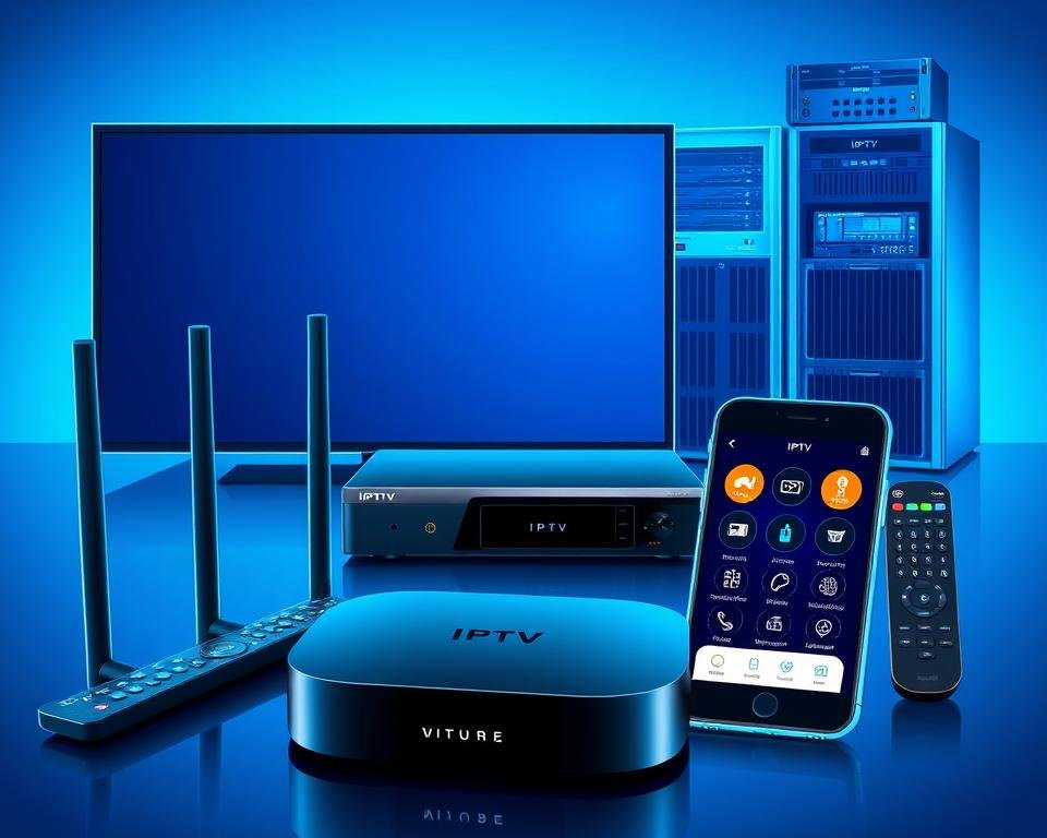 A well-lit, technical illustration showcasing a variety of IPTV-compatible devices. In the foreground, a sleek, modern streaming box with an intuitive interface, surrounded by a wireless router, a smart TV remote, and a smartphone displaying IPTV app controls. In the middle ground, a high-end media player with multiple HDMI and Ethernet ports, complemented by a compact cable box and a universal remote. In the background, a rack-mounted server unit and a network switch, conveying the robust infrastructure required for a seamless IPTV experience. The scene is bathed in a cool, blue-tinted lighting, emphasizing the digital nature of the technologies on display.