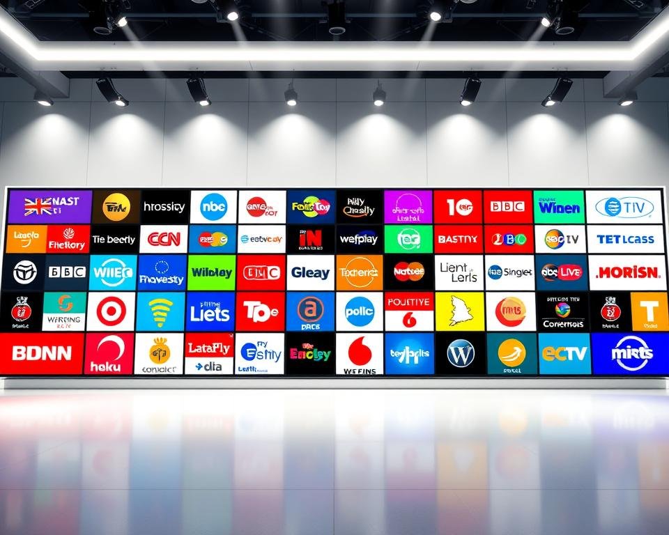 A wide-angle, high-definition shot of a vibrant collage of iconic British television channel logos, arranged in a grid-like display against a sleek, modern studio backdrop. The logos are rendered in their signature colors and designs, capturing the diverse range of programming and entertainment options available to UK viewers. The lighting is bright and evenly distributed, creating a sense of clarity and professionalism. The overall composition is balanced and visually appealing, showcasing the comprehensive selection of channels in a visually striking manner.