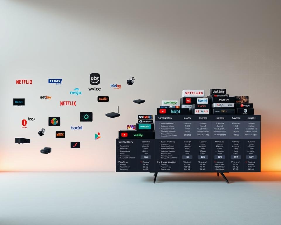 A wide array of IPTV packages presented on a sleek, modern interface. In the foreground, various streaming service logos and device icons float against a neutral backdrop, conveying the diversity of content and compatibility. The middle ground features stacked IPTV subscription plans with detailed pricing and channel information, allowing viewers to easily compare options. In the background, a subtle technical grid pattern suggests the digital infrastructure supporting the IPTV ecosystem. Warm lighting and a muted color palette create a sense of professionalism and trustworthiness, reflecting the reliable and high-quality IPTV services available to UK viewers in 2023. A wide array of IPTV packages presented on a sleek, modern interface. In the foreground, various streaming service logos and device icons float against a neutral backdrop, conveying the diversity of content and compatibility. The middle ground features stacked IPTV subscription plans with detailed pricing and channel information, allowing viewers to easily compare options. In the background, a subtle technical grid pattern suggests the digital infrastructure supporting the IPTV ecosystem. Warm lighting and a muted color palette create a sense of professionalism and trustworthiness, reflecting the reliable and high-quality IPTV services available to UK viewers in 2023.