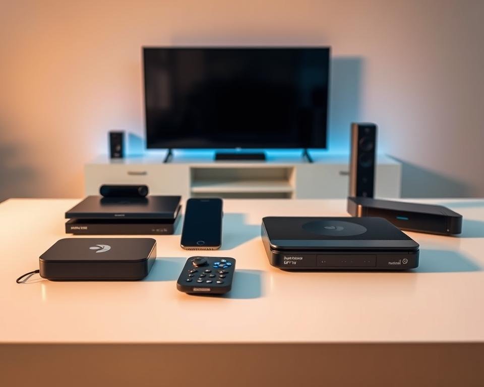 An array of diverse IPTV-compatible devices arranged neatly on a minimalist white tabletop, bathed in warm, soft lighting that highlights their sleek, modern designs. In the foreground, a streaming box, gaming console, and smart TV remote stand out, while in the middle ground, a smartphone and tablet are displayed alongside a compact media player. The background features a subtle gradient, creating a sense of depth and drawing the viewer's attention to the curated collection of devices. The overall composition conveys a sense of technological sophistication and the versatility of IPTV solutions for the modern home entertainment setup.