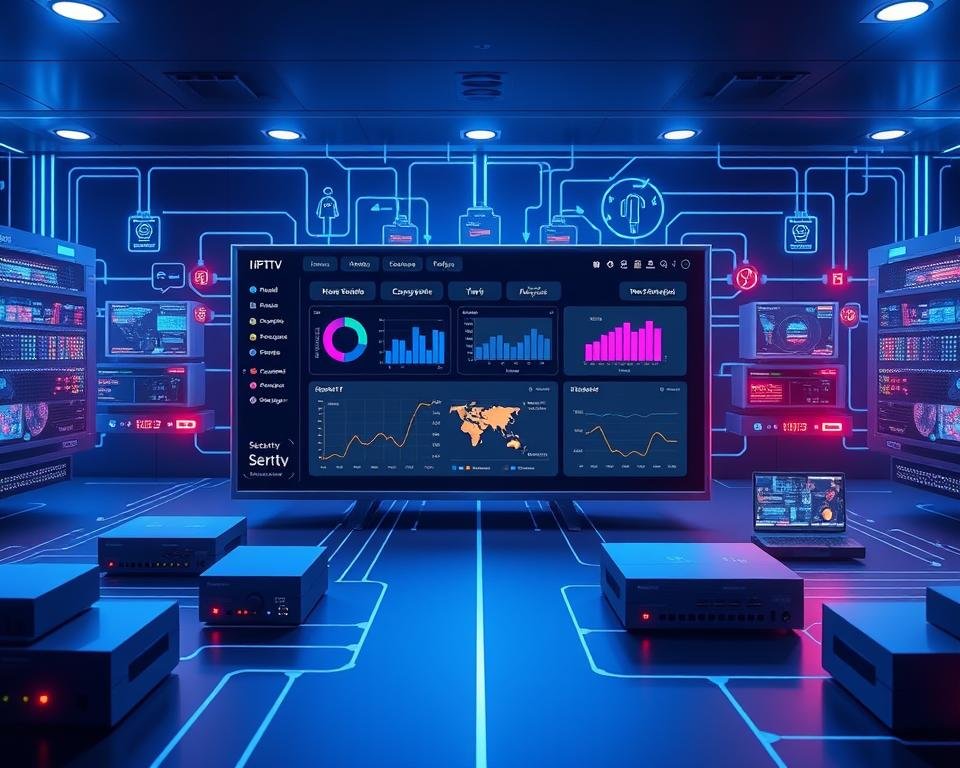 An expansive IPTV security solution overview rendered in a sleek, modern style. A central dashboard interface with intuitive controls, graphs, and visualizations highlighting key security metrics and monitoring features. Surrounding it, modular security components like firewalls, encryption modules, and access management tools, all interconnected and pulsing with activity. The scene is bathed in a cool, blue-tinted lighting that conveys a sense of professionalism and technological sophistication. The overall composition emphasizes the comprehensive, cohesive nature of the security solution, ready to safeguard any IPTV service. An expansive IPTV security solution overview rendered in a sleek, modern style. A central dashboard interface with intuitive controls, graphs, and visualizations highlighting key security metrics and monitoring features. Surrounding it, modular security components like firewalls, encryption modules, and access management tools, all interconnected and pulsing with activity. The scene is bathed in a cool, blue-tinted lighting that conveys a sense of professionalism and technological sophistication. The overall composition emphasizes the comprehensive, cohesive nature of the security solution, ready to safeguard any IPTV service.