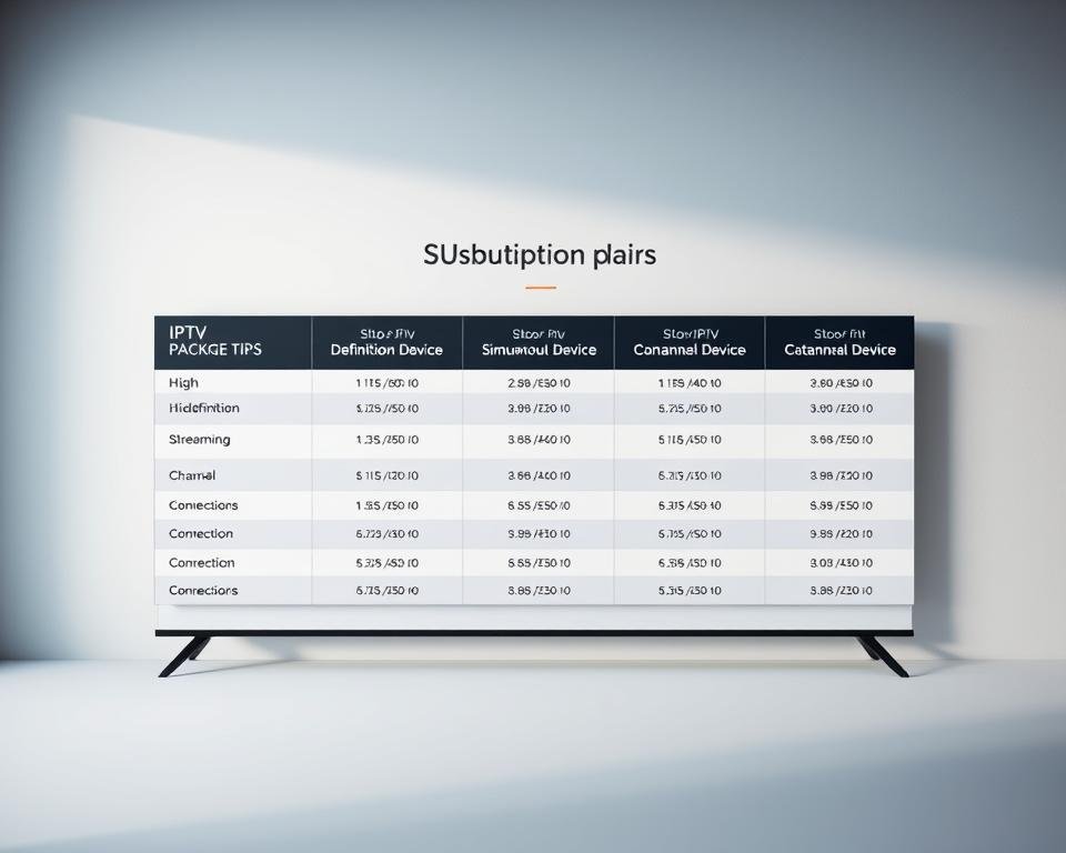 Detailed IPTV subscription plans for the UK market, presented in a clean, organized layout. A sleek table showcases different package tiers, featuring high-definition streaming, simultaneous device connections, and channel counts. The plans are displayed against a soft, minimalist backdrop, with subtle textures and gradients to create a professional, informative atmosphere. Careful consideration of lighting and composition to ensure the plans are easy to read and visually appealing. The overall style should convey reliability, value, and the reliable IPTV service described in the article. Detailed IPTV subscription plans for the UK market, presented in a clean, organized layout. A sleek table showcases different package tiers, featuring high-definition streaming, simultaneous device connections, and channel counts. The plans are displayed against a soft, minimalist backdrop, with subtle textures and gradients to create a professional, informative atmosphere. Careful consideration of lighting and composition to ensure the plans are easy to read and visually appealing. The overall style should convey reliability, value, and the reliable IPTV service described in the article.