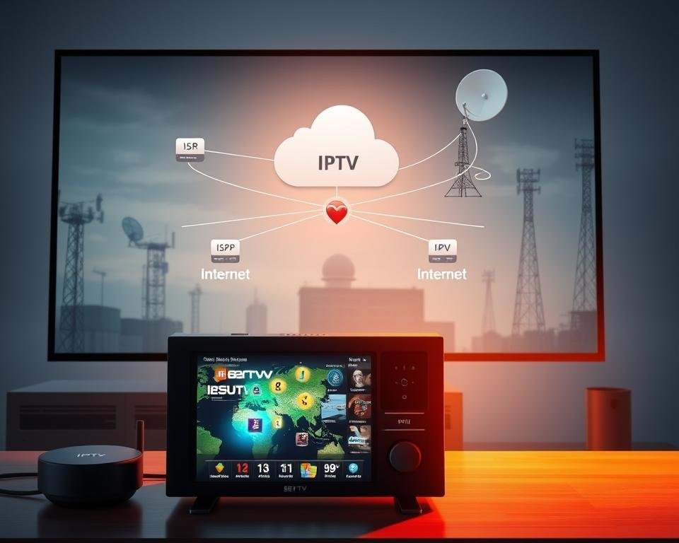 Detailed illustration of IPTV technology. In the foreground, an internet-connected set-top box or smart TV displaying a streaming video interface. In the middle ground, a network diagram showing internet, ISP, and cloud-based IPTV service provider. In the background, satellite dishes, cell towers, and other telecommunication infrastructure. The scene is illuminated by a warm, natural lighting, conveying a sense of modern, reliable digital entertainment. Detailed illustration of IPTV technology. In the foreground, an internet-connected set-top box or smart TV displaying a streaming video interface. In the middle ground, a network diagram showing internet, ISP, and cloud-based IPTV service provider. In the background, satellite dishes, cell towers, and other telecommunication infrastructure. The scene is illuminated by a warm, natural lighting, conveying a sense of modern, reliable digital entertainment.