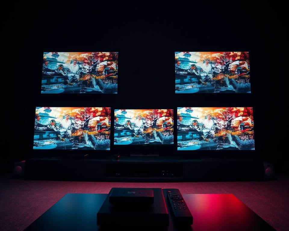 Dramatic high-contrast cinematic scene of an IPTV streaming quality comparison. In the foreground, a row of TV screens displays side-by-side streaming footage of different IPTV services, showcasing their varying video quality and performance. The middle ground features a sleek, modern media center setup with streaming devices and remotes. The background is dimly lit, with moody lighting highlighting the technical details and creating an immersive, professional atmosphere. The overall scene conveys a sense of analytical comparison and technical evaluation of the IPTV streaming experience. Dramatic high-contrast cinematic scene of an IPTV streaming quality comparison. In the foreground, a row of TV screens displays side-by-side streaming footage of different IPTV services, showcasing their varying video quality and performance. The middle ground features a sleek, modern media center setup with streaming devices and remotes. The background is dimly lit, with moody lighting highlighting the technical details and creating an immersive, professional atmosphere. The overall scene conveys a sense of analytical comparison and technical evaluation of the IPTV streaming experience.