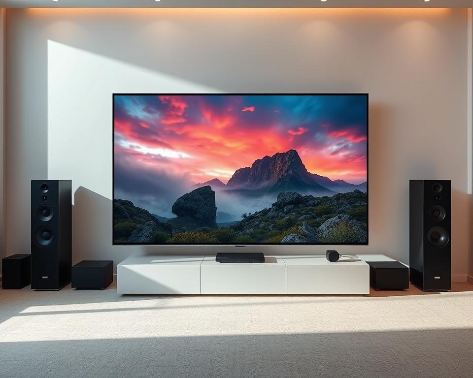 High-definition IPTV streaming quality, with sharp, vibrant imagery and seamless playback. A large, modern TV screen displays a rich, cinematic scene of a dramatic nature documentary, showcased in Ultra HD resolution. Soft, directional lighting illuminates the screen, creating depth and dimensionality. The room is minimalist and modern, with sleek, high-end entertainment equipment visible in the background, suggesting a premium home theater setup. An atmosphere of immersion and technological sophistication pervades the scene, conveying the superior performance and visual fidelity of the IPTV service.