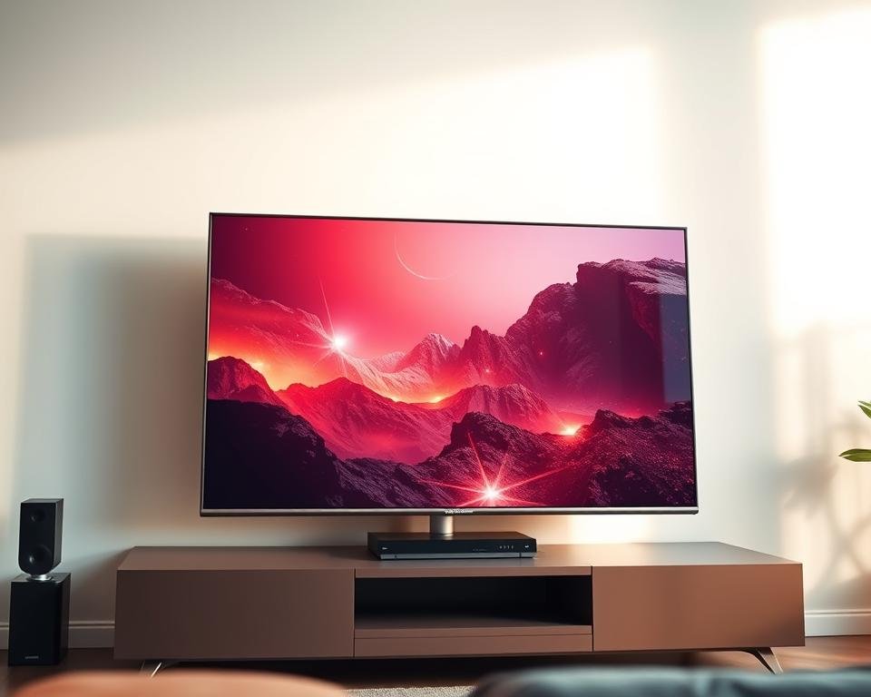 High-quality 4K video streaming on a sleek, modern television set with a minimalist design. The screen displays a vivid, crystal-clear image with lifelike colors and deep contrast. Soft, warm lighting illuminates the scene, creating a cozy, cinematic atmosphere. The television is surrounded by a clean, uncluttered environment, allowing the stunning visual quality to take center stage. The overall composition emphasizes the exceptional streaming experience, capturing the essence of "Xtreme HD IPTV" in a visually compelling and immersive way.