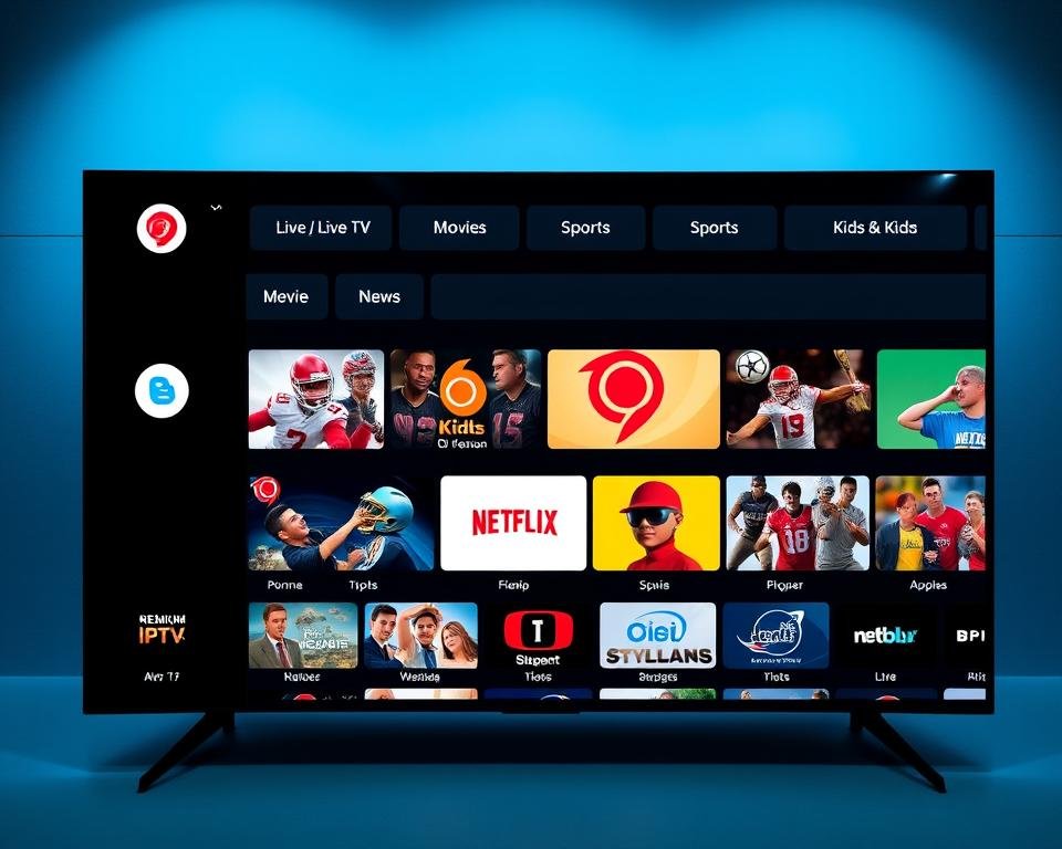 High-resolution image of a modern, sleek IPTV streaming interface showcasing a diverse selection of premium channel categories and content. The interface has a clean, minimalist design with intuitive navigation menus and sharp, vibrant imagery. Prominent categories include Live TV, Movies, Sports, News, and Kids, each with a well-curated selection of channels. The layout uses a grid-based structure with crisp, high-definition channel logos and thumbnails. Subtle lighting creates a sense of depth, while a cool, sophisticated color palette evokes a premium, high-quality aesthetic. The overall scene conveys the convenience, reliability, and comprehensive entertainment options of a top-tier IPTV service. High-resolution image of a modern, sleek IPTV streaming interface showcasing a diverse selection of premium channel categories and content. The interface has a clean, minimalist design with intuitive navigation menus and sharp, vibrant imagery. Prominent categories include Live TV, Movies, Sports, News, and Kids, each with a well-curated selection of channels. The layout uses a grid-based structure with crisp, high-definition channel logos and thumbnails. Subtle lighting creates a sense of depth, while a cool, sophisticated color palette evokes a premium, high-quality aesthetic. The overall scene conveys the convenience, reliability, and comprehensive entertainment options of a top-tier IPTV service.