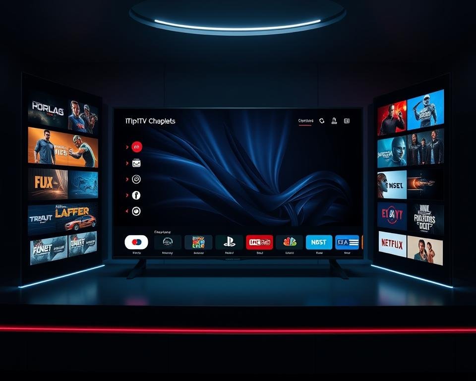 Highly detailed and visually stunning user interface for the best IPTV service in the UK, showcased in a clean, modern, and intuitive layout. The interface features a sleek black and white color scheme, with vibrant highlights and subtle gradients. Prominent menu options, easy-to-navigate channel categories, and a crisp, high-resolution live video feed in the center. Subtle cinematic lighting from the sides, creating depth and a sense of immersion. The overall composition conveys a premium, high-quality user experience tailored for the UK market.