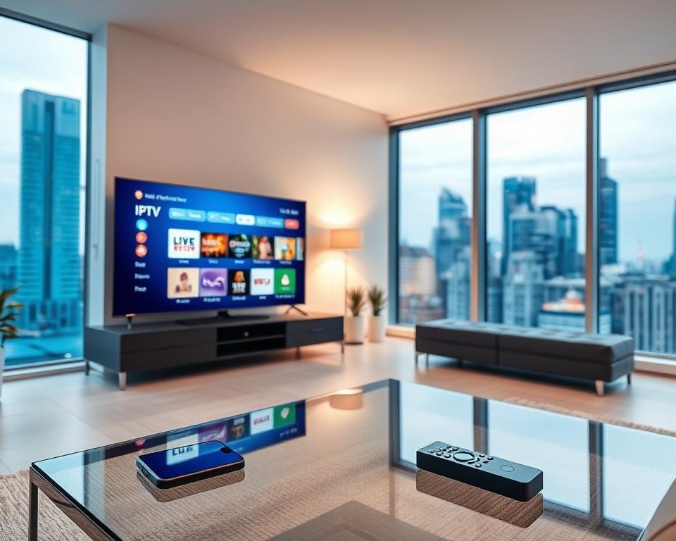 Prompt A modern home living room with a sleek, minimalist design. In the foreground, a smart TV displays the IPTV interface, showcasing a wide selection of live channels and on-demand content. On a nearby glass coffee table, a smartphone and remote control suggest the convenience of controlling the IPTV experience. Soft, diffused lighting creates a cozy ambiance, while large windows in the background offer a view of a bustling cityscape, hinting at the global reach of the cost-effective IPTV service. The overall scene conveys the idea of effortless, accessible entertainment in a stylish, contemporary setting. Prompt A modern home living room with a sleek, minimalist design. In the foreground, a smart TV displays the IPTV interface, showcasing a wide selection of live channels and on-demand content. On a nearby glass coffee table, a smartphone and remote control suggest the convenience of controlling the IPTV experience. Soft, diffused lighting creates a cozy ambiance, while large windows in the background offer a view of a bustling cityscape, hinting at the global reach of the cost-effective IPTV service. The overall scene conveys the idea of effortless, accessible entertainment in a stylish, contemporary setting.