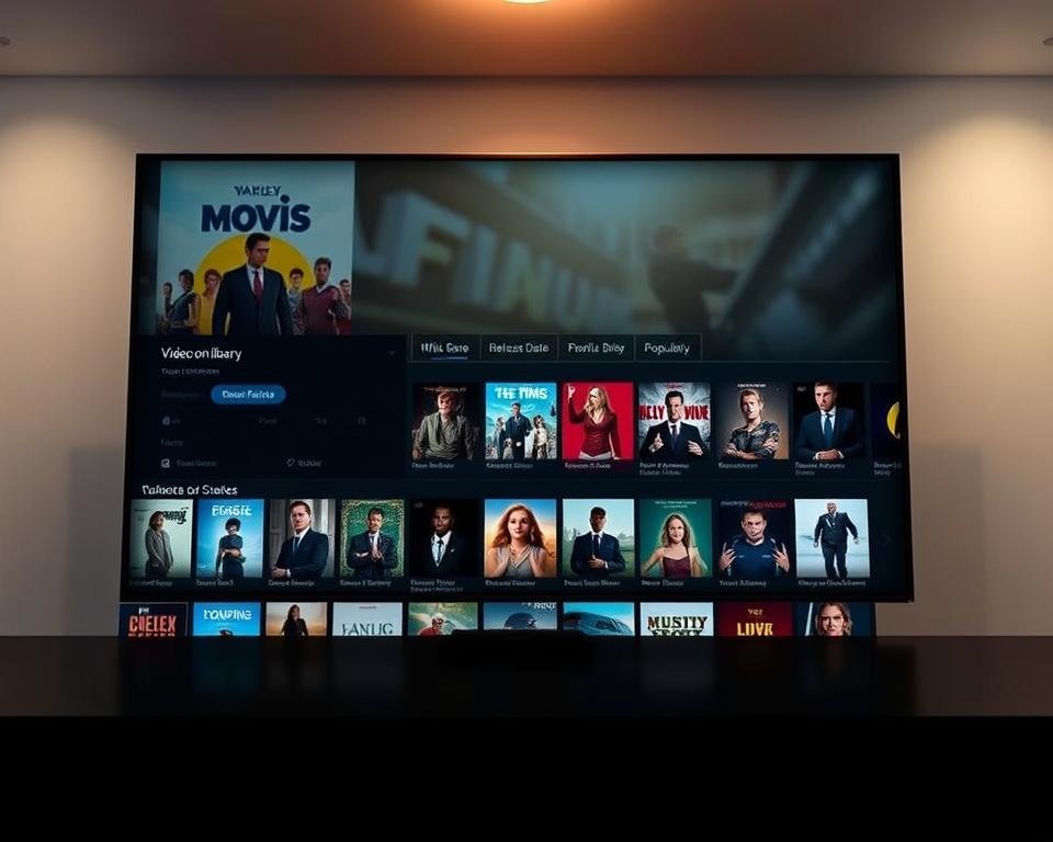 Prompt A modern, sleek IPTV Video-on-Demand library interface, with a clean and intuitive layout. The foreground showcases a grid of movie and TV show thumbnails, each with a crisp, high-resolution image and subtle text overlay. The middle ground features a minimalist navigation menu with options to browse by genre, release date, and popularity. The background is a soft, out-of-focus gradient, creating a sense of depth and focus on the content. Subtle lighting from above casts a warm, cinematic glow, and the camera angle is slightly elevated to give a dynamic, professional perspective. The overall mood is one of accessibility, discovery, and entertainment. Prompt A modern, sleek IPTV Video-on-Demand library interface, with a clean and intuitive layout. The foreground showcases a grid of movie and TV show thumbnails, each with a crisp, high-resolution image and subtle text overlay. The middle ground features a minimalist navigation menu with options to browse by genre, release date, and popularity. The background is a soft, out-of-focus gradient, creating a sense of depth and focus on the content. Subtle lighting from above casts a warm, cinematic glow, and the camera angle is slightly elevated to give a dynamic, professional perspective. The overall mood is one of accessibility, discovery, and entertainment.