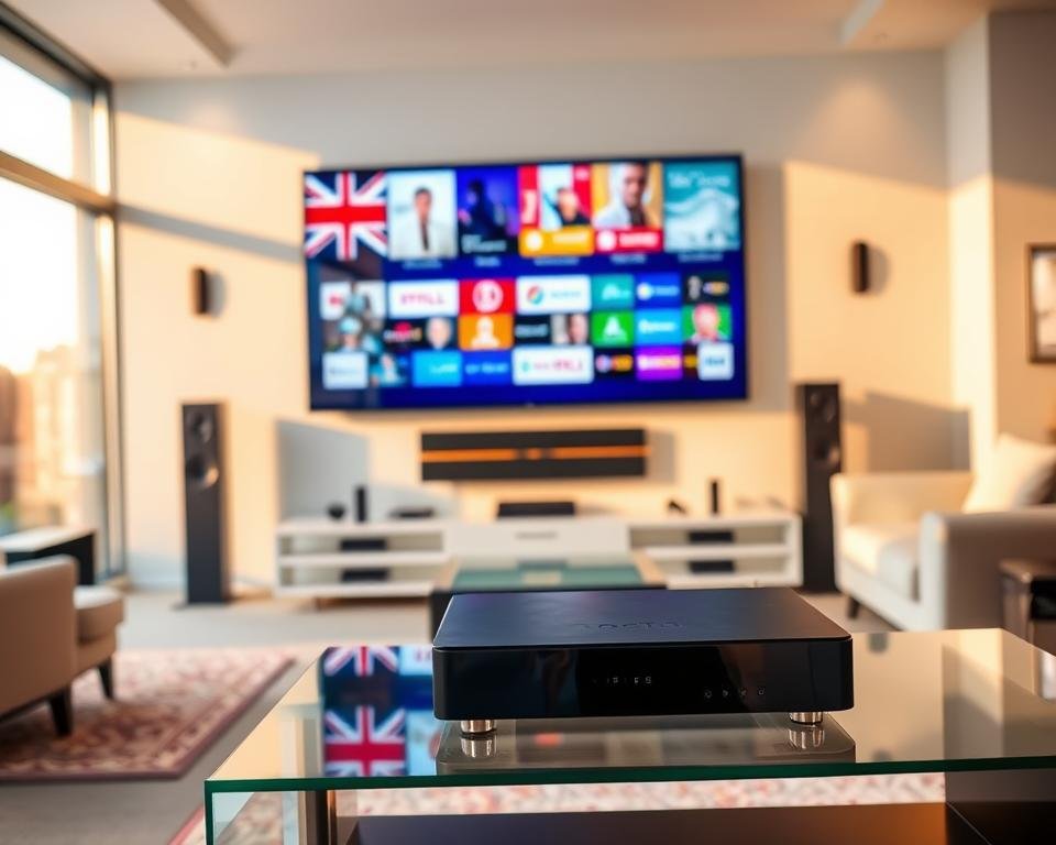 Prompt A sleek modern living room with a large wall-mounted flat-screen TV displaying a vibrant selection of UK television channels, surrounded by high-end audio equipment and smart home devices. The room is bathed in warm, natural lighting filtered through large windows, creating a cozy and inviting atmosphere. In the foreground, a sophisticated IPTV device sits prominently on a minimalist glass and metal entertainment center, ready to deliver the best in UK television programming directly to the viewer's fingertips. The overall scene conveys the seamless integration of technology and the comforts of home, offering a glimpse into the key benefits of using IPTV for UK television.