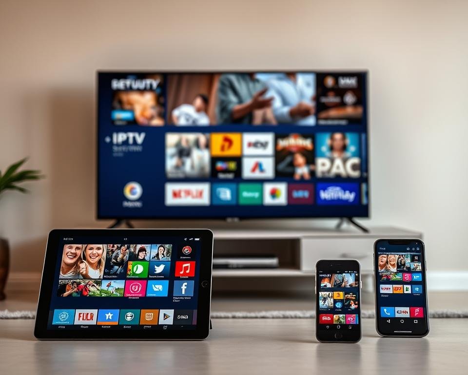 Prompt A sleek, modern multi-device setup displaying various IPTV services on different screens, showcasing seamless compatibility and cross-platform integration. In the foreground, a smart TV, tablet, and smartphone are neatly arranged, each displaying vibrant, high-quality IPTV content. The middle ground features a minimalist entertainment center with clean lines and a subtle industrial aesthetic. The background softly fades into a warm, neutral-toned living room, conveying a sense of comfort and ease of use. Subtle lighting accents the devices, highlighting their versatility and the overall cohesive, user-friendly experience. Prompt A sleek, modern multi-device setup displaying various IPTV services on different screens, showcasing seamless compatibility and cross-platform integration. In the foreground, a smart TV, tablet, and smartphone are neatly arranged, each displaying vibrant, high-quality IPTV content. The middle ground features a minimalist entertainment center with clean lines and a subtle industrial aesthetic. The background softly fades into a warm, neutral-toned living room, conveying a sense of comfort and ease of use. Subtle lighting accents the devices, highlighting their versatility and the overall cohesive, user-friendly experience.