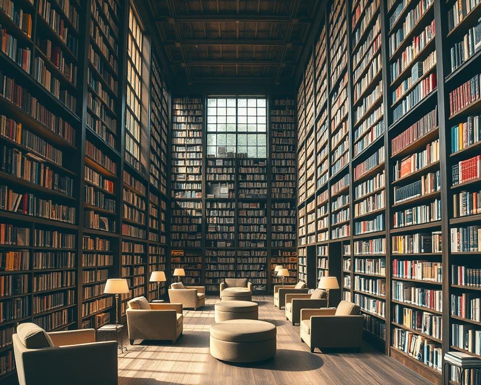 Sprawling library interior, filled with towering bookshelves and cozy reading nooks. Warm, diffused lighting filters through large windows, casting a soft glow. Plush armchairs and ottomans invite viewers to curl up and get lost in a good book. The shelves are meticulously organized, overflowing with a vast collection of titles spanning diverse genres. Rows upon rows of hardcovers and paperbacks, their spines forming a vibrant mosaic. The overall atmosphere is one of intellectual curiosity and endless discovery, reflecting the "Extensive Content Library" theme. Sprawling library interior, filled with towering bookshelves and cozy reading nooks. Warm, diffused lighting filters through large windows, casting a soft glow. Plush armchairs and ottomans invite viewers to curl up and get lost in a good book. The shelves are meticulously organized, overflowing with a vast collection of titles spanning diverse genres. Rows upon rows of hardcovers and paperbacks, their spines forming a vibrant mosaic. The overall atmosphere is one of intellectual curiosity and endless discovery, reflecting the "Extensive Content Library" theme.